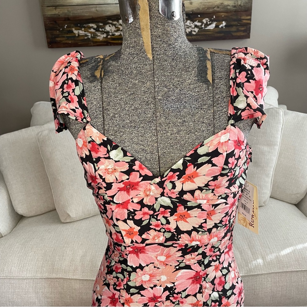 XS pink red black green floral print midi high low dress - Picture 3 of 11